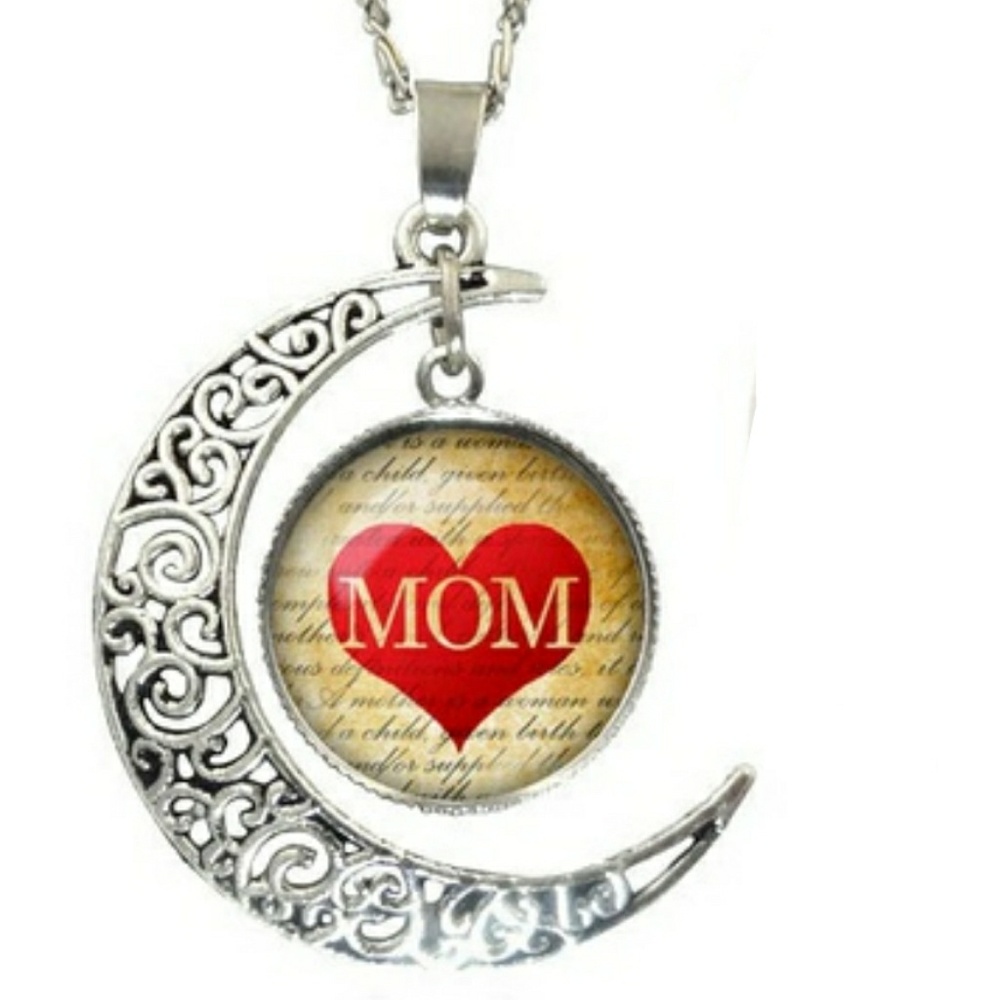 Silver Moon Heart Mom Pendant